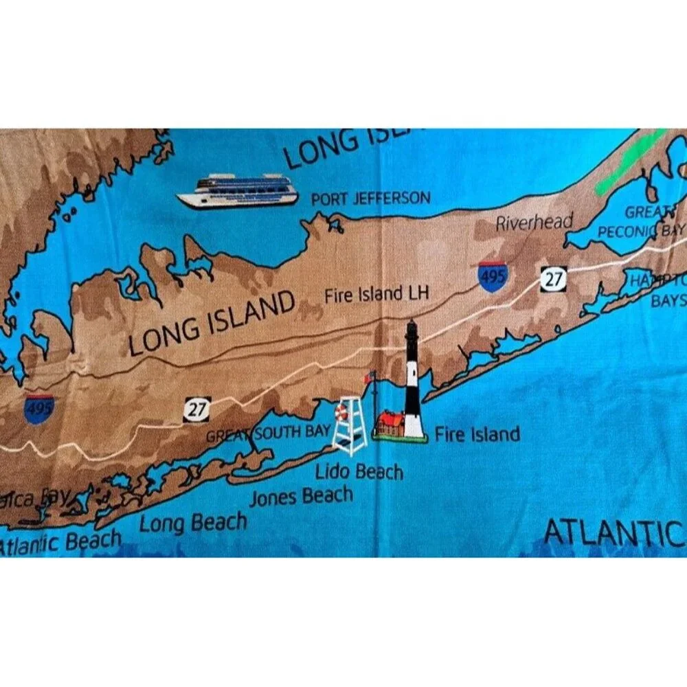 New Long Island Map Bath Beach Pool Gift Towel New York Ocean Beaches 60x30 NIP